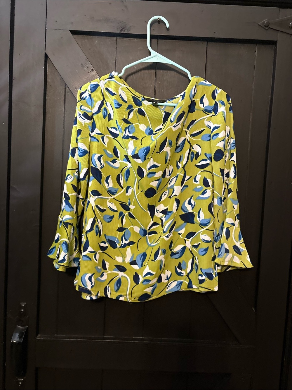 Investments Lime-Green Floral V-Neck Blouse with Blue and Cream Leaves